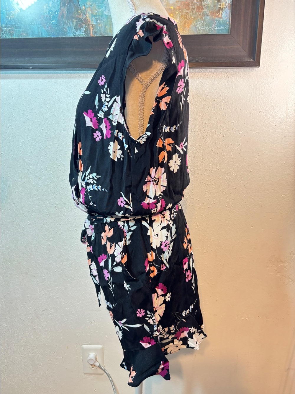 LOFT Black Floral V-Neck Tie-Waist Romper - Picture 3 of 9